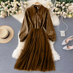Women's brown PU leather and mesh patchwork dress with lantern sleeves and layered skirt