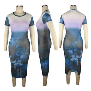 Three-view layout of a mesh bodycon dress featuring Renaissance art oil painting print
