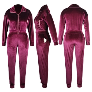 Three-view detail of velvet tracksuit with zip pockets and slim-fit jogger design