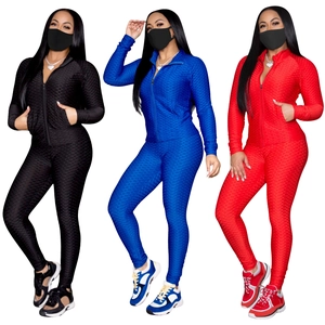 Haut et Bas Ensemble de Yoga Femme Texture en Nid d'Abeille Survêtement Veste à Col Montant Manches Longues et Leggings