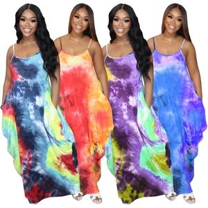 Damen Tie Dye Spaghettiträger Maxikleid Lose Bohemian Ärmellos Lang Sommerurlaub Strandkleid Mit Taschen
