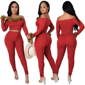 Donna Sexy Rosso Top E Pantaloni Spalle Scoperte Manica Lunga Bordo In Pelliccia Sintetica Crop Top E Pantaloni Aderenti