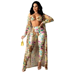 Dreiteiliges Tiger-Print Bademoden-Set mit langem Cardigan und Hose mit hoher Taille