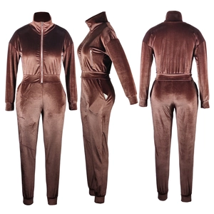 Three-way view of women's velvet long sleeve tracksuit set in deep brown finish