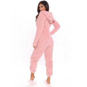 Combinaison pyjama rose à capuche avec oreilles d'animaux en polaire douce