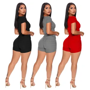 Women Summer Ribbed Knit Crop Top And Ruched Shorts Slim Fit Casual Short Sleeve Top And High Waist Shorts