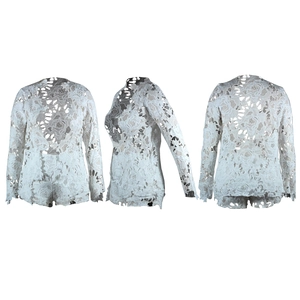 Three-angle view of white floral lace long sleeve top and high waist shorts set