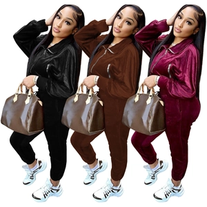 Three-color velvet tracksuit sets with zip jackets and matching joggers for women