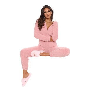 Combinaison rose à capuche en polaire avec zip en V et texture sherpa ultra douce