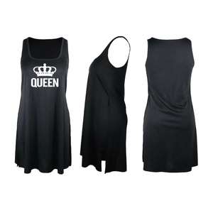 Three-way view of long black tank top with white Queen print and side slits