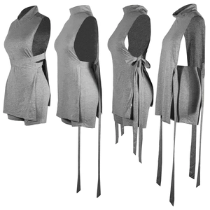 Damen Set aus grauem ärmellosem Rollkragen Mini-Kleid mit Seitenschlitz und Bändern