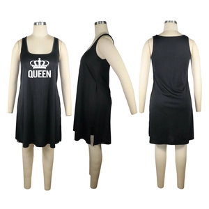 Three-sided view of black sleeveless top featuring white Queen print and crown design