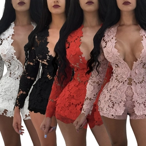 Women's sexy sheer lace long sleeve romper set with deep V-neck in multiple solid colors
