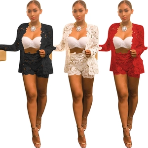 Women's 3-piece lace outfit set with long sleeve cardigan and shorts in black white red