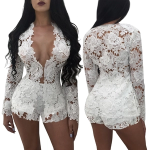 Front and back view of white lace long sleeve romper with deep V-neckline details