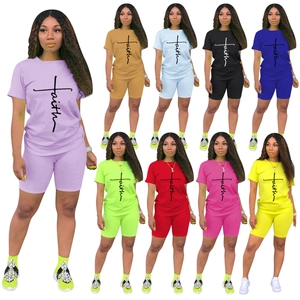 Tenue de Sport Décontractée pour Femmes Impression de Lettres Faith T-Shirt à Manches Courtes Col Rond et Short de Cyclisme Ajusté
