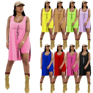 Women Casual Polyester Sleeveless Side Slit Long Tank Top And Biker Shorts Set With Cross Print Streetwear Apparel