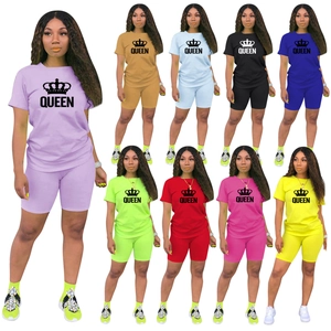 Ensemble Top Et Bottom Femme Sportif Décontracté Polyester Élasthanne Imprimé Couronne Queen T-Shirt Et Short De Cycliste