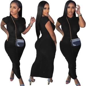 Robe Maxi Moulante Sexy pour Femme Manches Courtes Col Montant Noir Solide Fête Boîte de Nuit Coupe Slim Mode