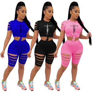 Damen Sexy Casual Polyester Elasthan Top Und Hose Set Bedruckt Knoten Crop T-Shirt Mit Cutout Radlerhose Sommer Trainingsanzug