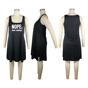 Three-sided views of a black sleeveless vest top and shorts set with white NOPE print