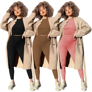 Ensemble Deux Pièces Décontracté pour Femmes en Polyester Tricot Torsadé avec Haut à Col Rond et Pantalon Crayon