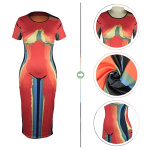 Detail of colorful abstract stripe print on a round neck short sleeve midi dress