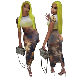 Detailed full-body print of classical oil painting on mesh bodycon midi dress for women