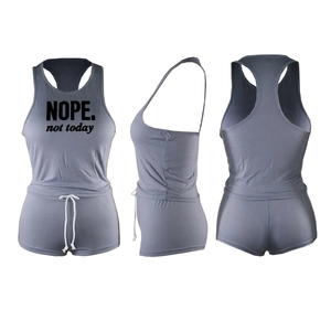 Three-way view of grey cotton sports set with NOPE. not today print and drawstring