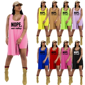 Women Slogan Print Sleeveless Side Slit Long Tank Top And Bottom Set Polyester Spandex Casual Streetwear Two Piece Outfits