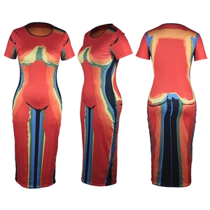 Detail of artistic body silhouette print on red short sleeve bodycon maxi dress