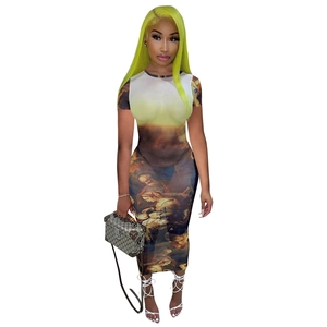 Detail of vintage oil painting print on high-elastic mesh bodycon maxi dress