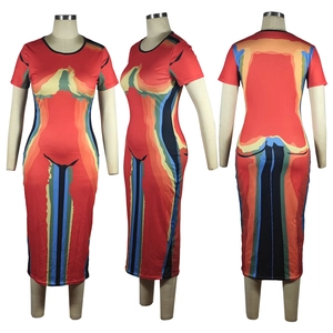 Detail view of the colorful abstract body outline print on this slim red midi dress