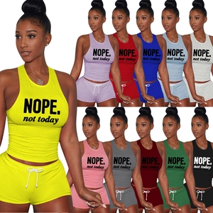 Women Top And Bottom Set Letter Printed Sleeveless Racerback Vest And Drawstring Shorts Casual Sports Lounge Wear 2045