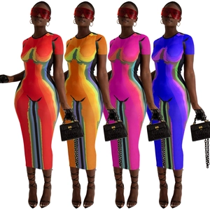 Women Sexy Bodycon Midi Dress Short Sleeve Crew Neck Abstract Thermal Imaging Body Outline Print Avant-garde Party Dress