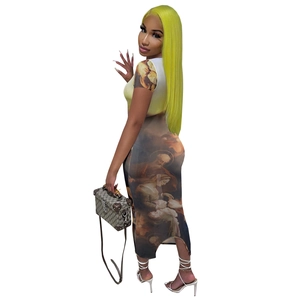 Detailed macro view of the classical oil painting print on the mesh bodycon dress