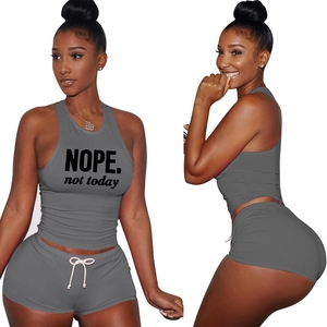 Women's charcoal grey NOPE printed crop top and shorts two-piece casual athletic set