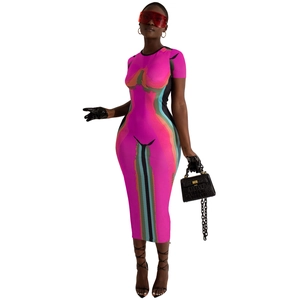 Close-up of vibrant pink abstract body print pattern on a slim fit short sleeve midi dress