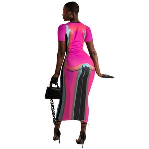 Rear view of midi bodycon dress with bold abstract colorful art print and short sleeves