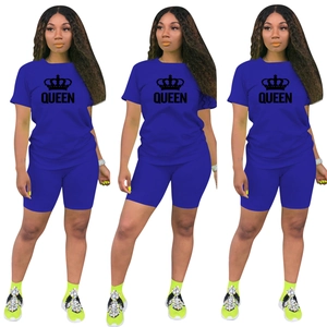 Ensemble sport bleu roi pour femme avec imprimé couronne QUEEN et short cycliste
