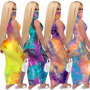 Robe Longue Tie Dye Sans Manches Femme Avec Masque Facial à Capuche Intégré Sexy Bodycon Tenues de Club Streetwear