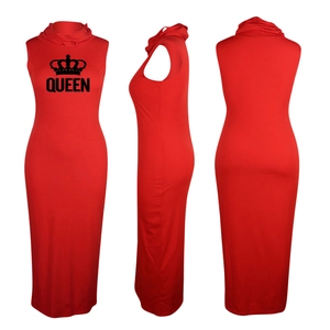 Detailed view of the red sleeveless bodycon dress with black Queen crown print