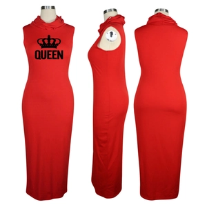 Detailed front, side, and back views of red sleeveless maxi dress with crown print