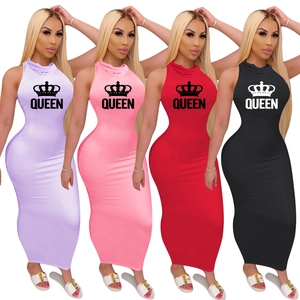 Slim fit sleeveless maxi dress with Queen crown print in purple, pink, red, and black colors