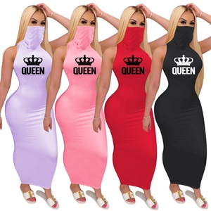 Women Sexy Sleeveless Bodycon Maxi Dress Integrated Face Mask Crown Queen Print High Stretch Polyester Clubwear Long Dress