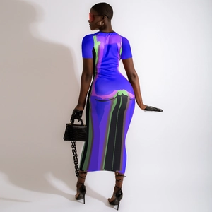 Detailed close-up of vibrant abstract art print on a bodycon midi dress for women