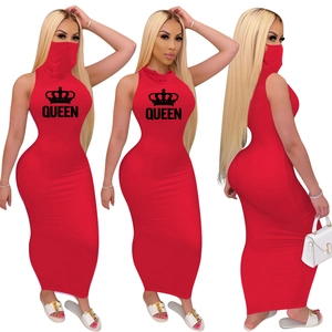 Red sleeveless bodycon maxi dress with crown print and integrated face mask hood