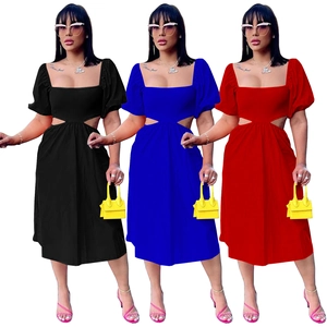 Robe Midi Élégante pour Femmes Encolure Carrée Manches Bouffantes Découpe à la Taille Couleur Unie Robe de Soirée Sexy