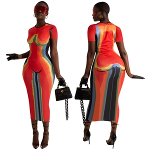 Detailed front and back view of body-mapping print dress with vibrant thermal map pattern
