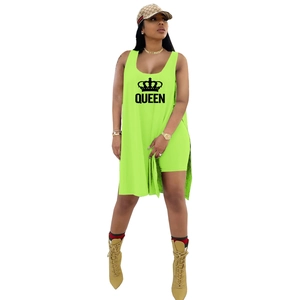 Detail view of neon green two-piece set featuring Queen print and side slit long tank top